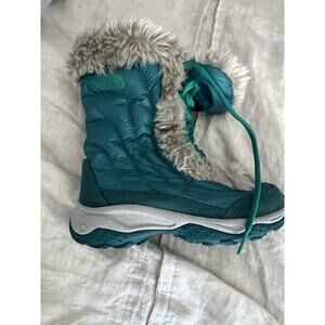 North Face Winter Boots SZ 2.5 Nuptse Teal Green Faux Fur Waterproof kids